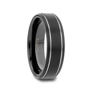 Thorsten NOCTURNE Black Beveled Tungsten Carbide Band with Polished Grooves and Brushed Finish - 6mm or 8mm