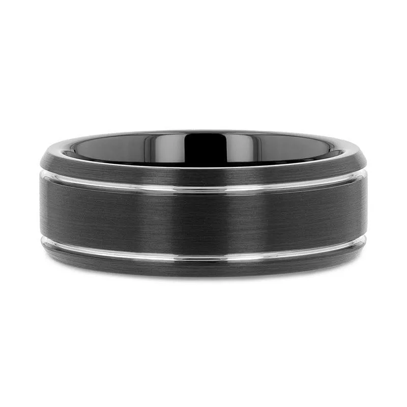 Thorsten NOCTURNE Black Beveled Tungsten Carbide Band with Polished Grooves and Brushed Finish - 6mm or 8mm