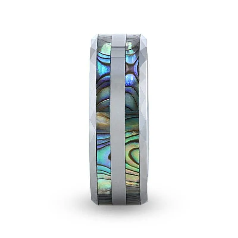Thorsten PAUA Double Abalone Shell Inlay Faceted Tungsten Ring With Beveled Polished Edges - 8mm