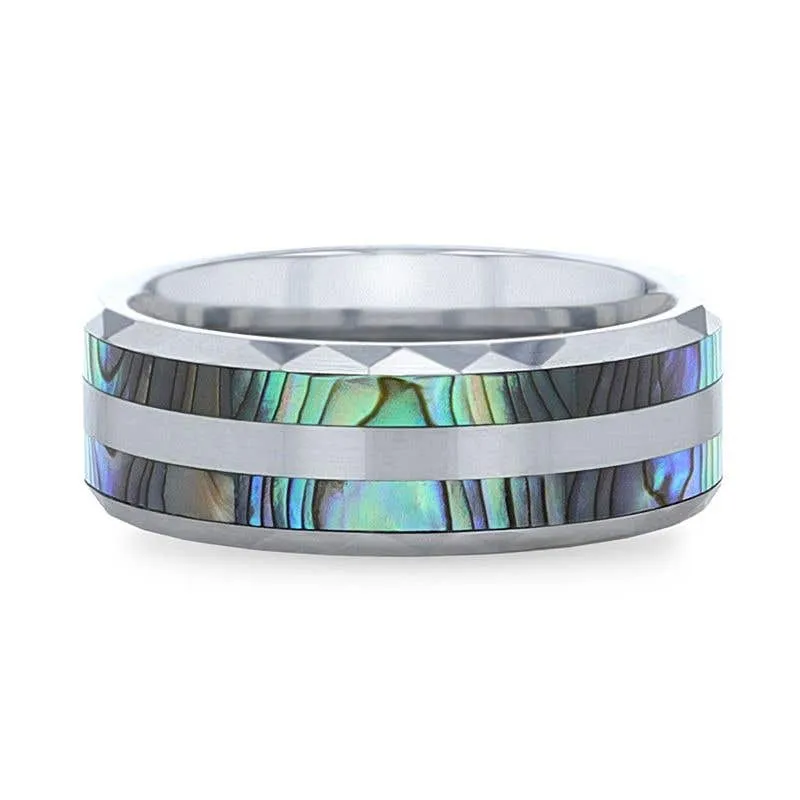 Thorsten PAUA Double Abalone Shell Inlay Faceted Tungsten Ring With Beveled Polished Edges - 8mm