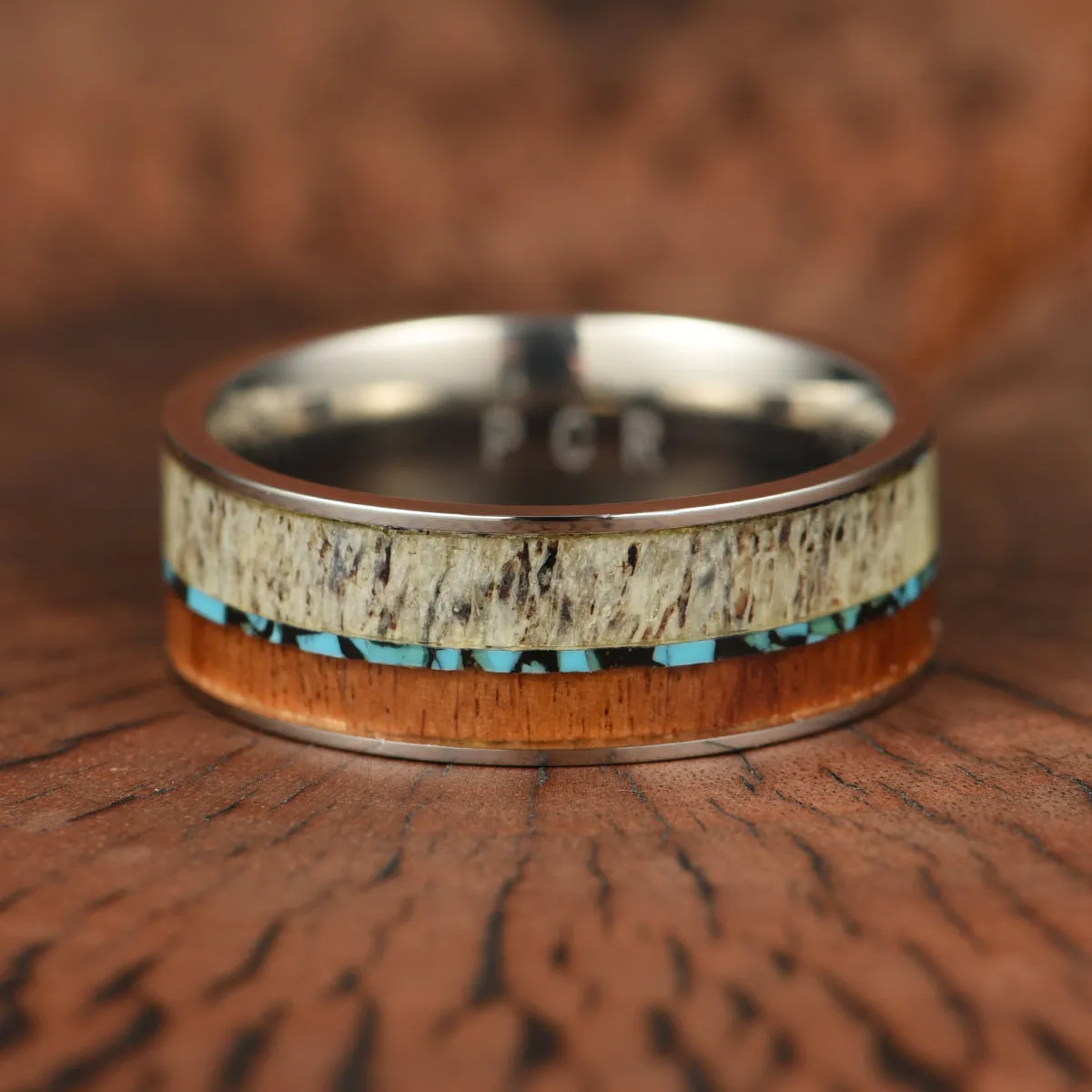 Tungsten Antler Koa Wood Turquoise Inlay Men's Wedding Band 8MM