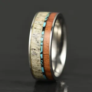 Tungsten Antler Koa Wood Turquoise Inlay Men's Wedding Band 8MM