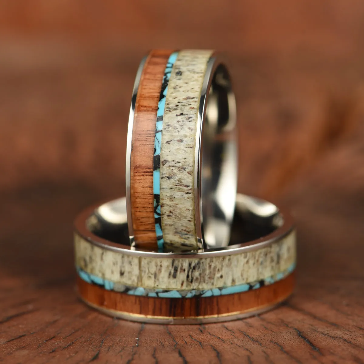 Tungsten Antler Koa Wood Turquoise Inlay Men's Wedding Band 8MM