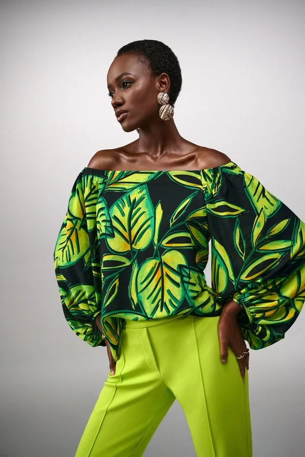 Women's Joseph Ribkoff | Leaf Print Off the Shoulder Top | Black Multi