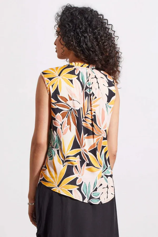 Women's Tribal | Ruffle Neck Sleeveless Floral Blouse | Apricot Tan
