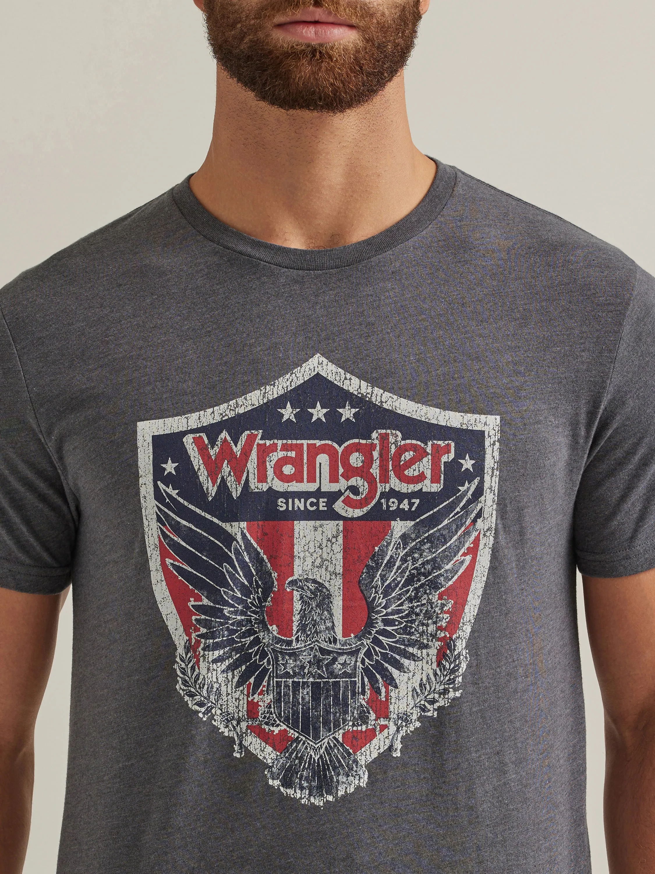 Wrangler Men's Eagle Stars & Stripes Shield Tee in Heather Charcoal